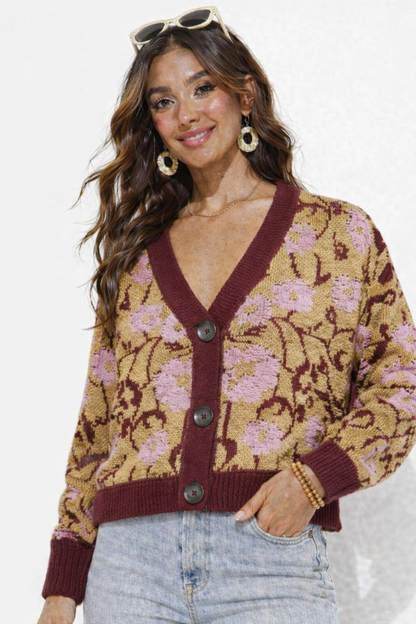Multi Colour Floral Printed Acrylic Cardigan Sweater with Front Button Closure
