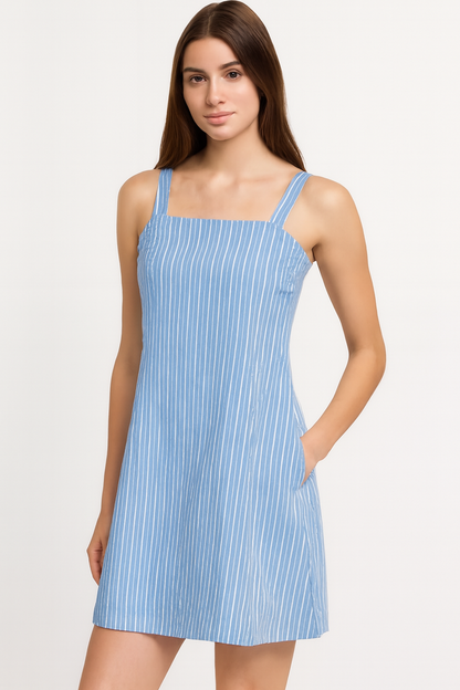 Blue Striped Sleeveless Linen Blend Shift Dress with Side Pockets | Casual Summer & Beach Wear