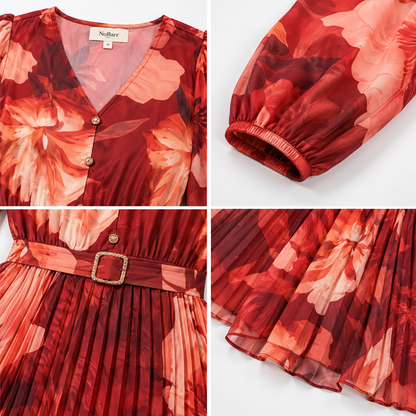 Multi Floral Printed Pleated Maxi Dress with V-Neck, Full Sleeves and Belted Waist