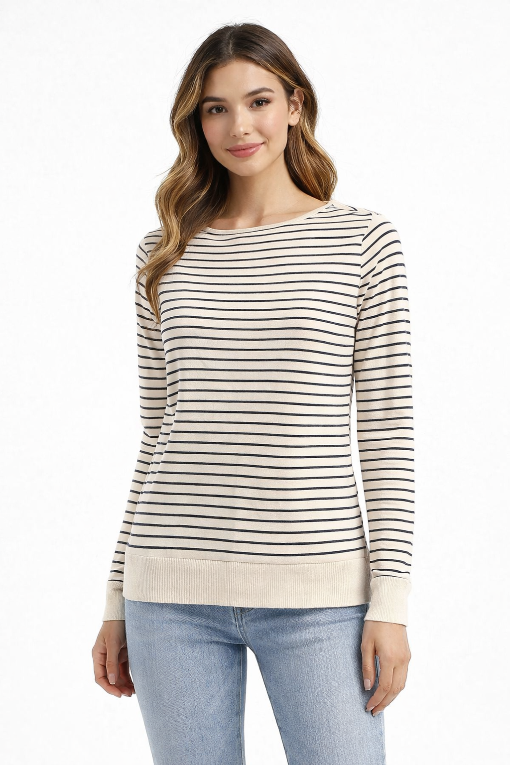 Cream & Blue Striped Viscose Top | Full Sleeve Round Neck Casual Loose Fit Top
