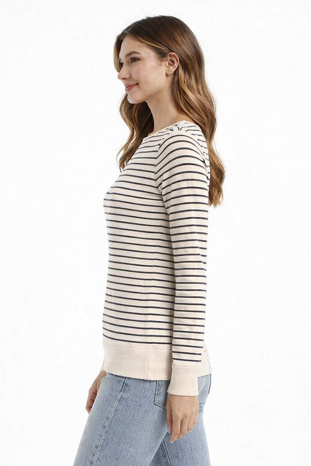 Cream & Blue Striped Viscose Top | Full Sleeve Round Neck Casual Loose Fit Top