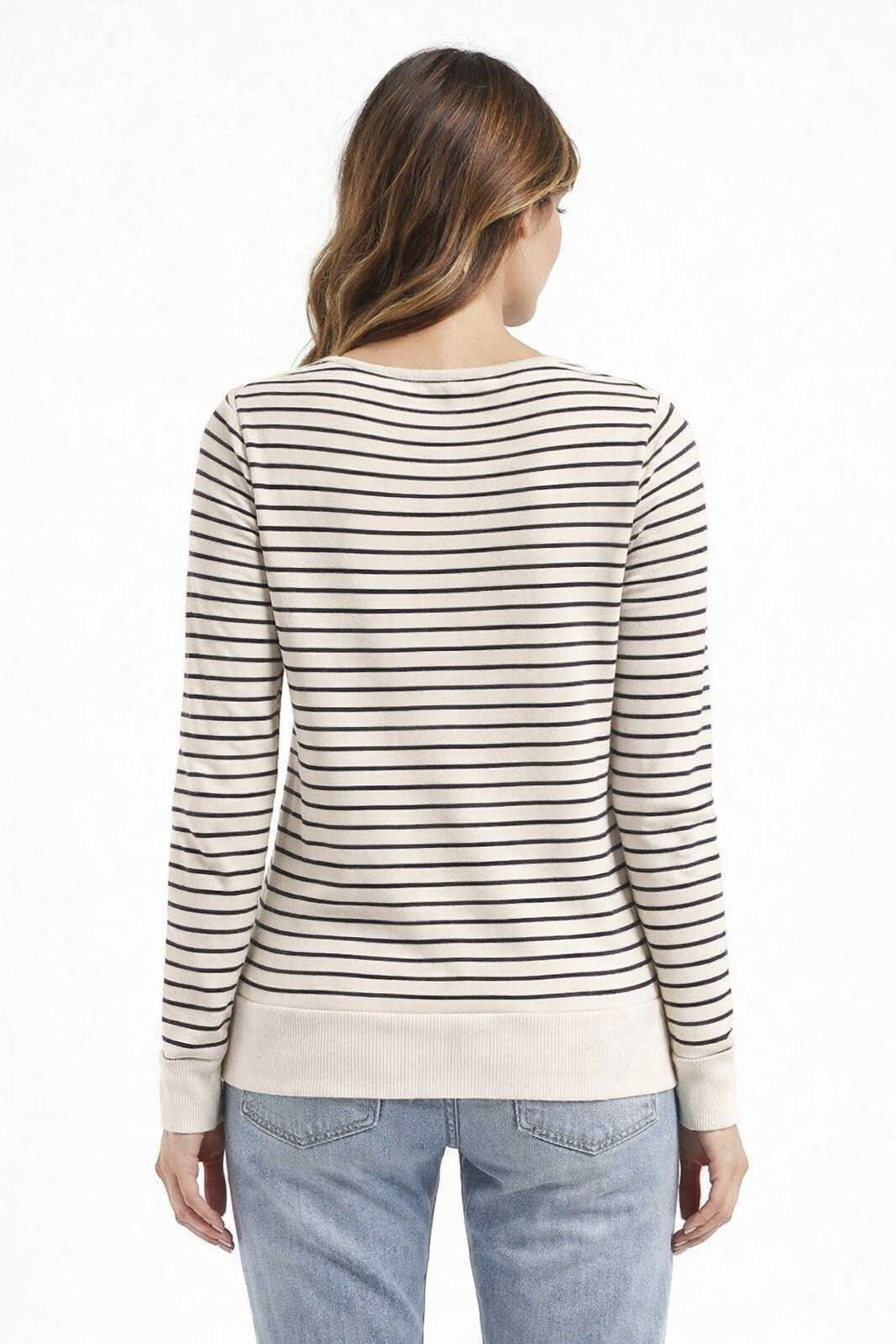 Cream & Blue Striped Viscose Top | Full Sleeve Round Neck Casual Loose Fit Top
