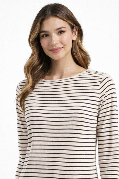 Cream & Blue Striped Viscose Top | Full Sleeve Round Neck Casual Loose Fit Top