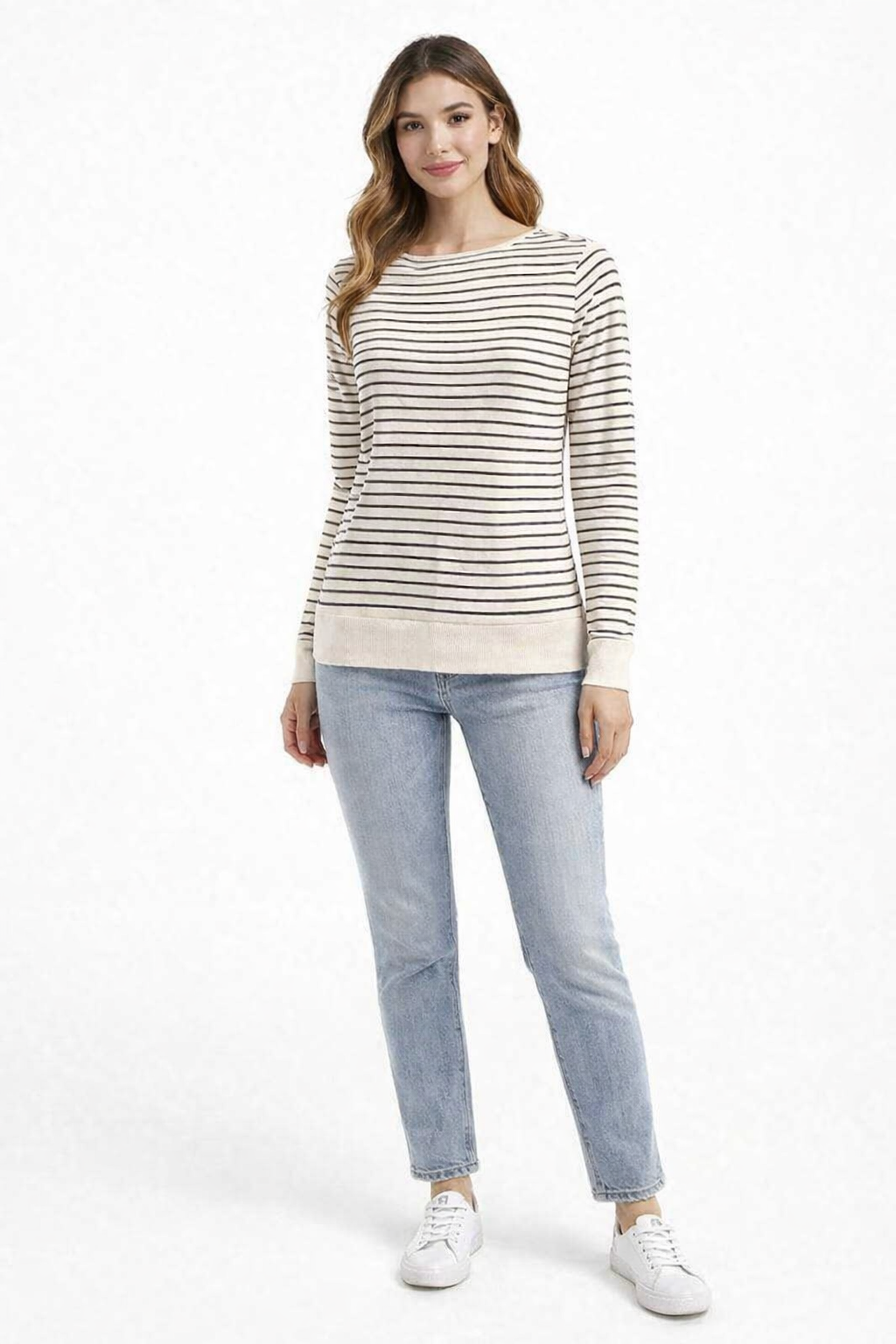 Cream & Blue Striped Viscose Top | Full Sleeve Round Neck Casual Loose Fit Top