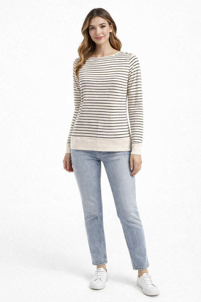 Cream & Blue Striped Viscose Top | Full Sleeve Round Neck Casual Loose Fit Top