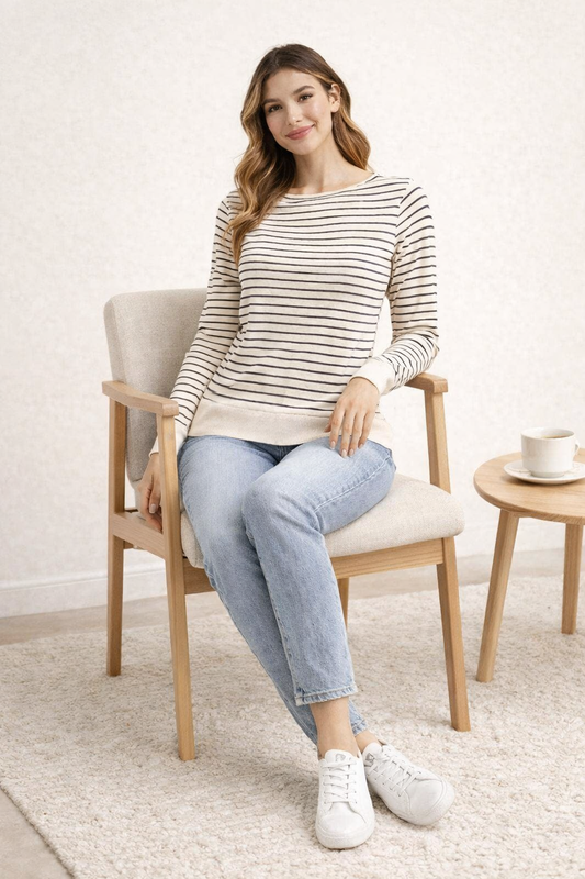 Cream & Blue Striped Viscose Top | Full Sleeve Round Neck Casual Loose Fit Top