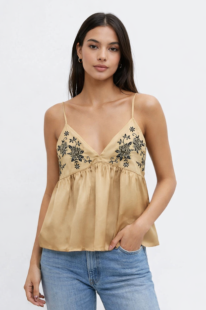 Golden Brown Satin Camisole Top | Sleeveless V-Neck Embroidered Loose Fit Peplum Top