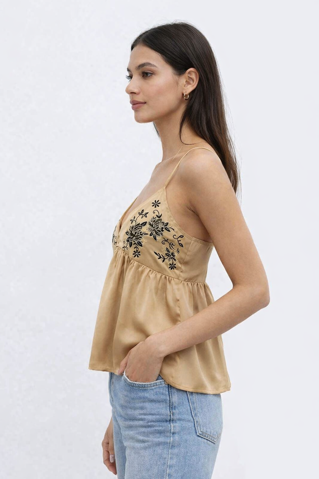 Golden Brown Satin Camisole Top | Sleeveless V-Neck Embroidered Loose Fit Peplum Top