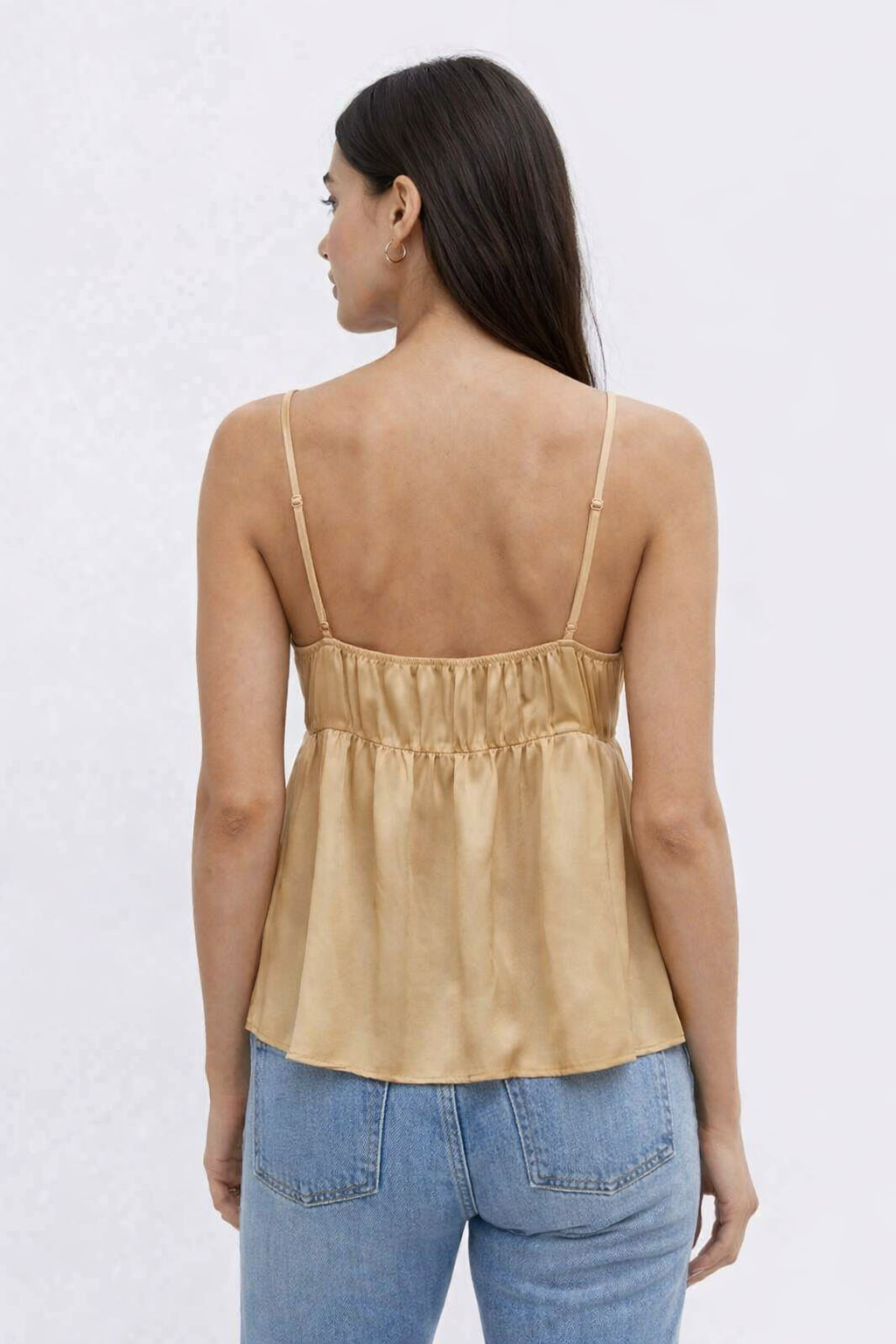 Golden Brown Satin Camisole Top | Sleeveless V-Neck Embroidered Loose Fit Peplum Top