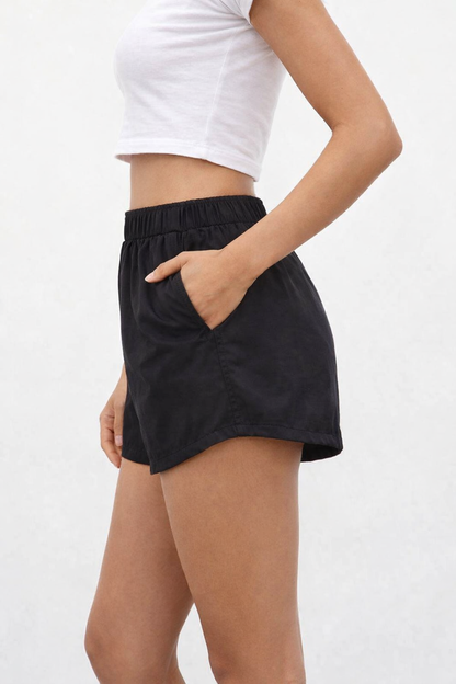 Black Cotton Blend Shorts | Elastic Waist Casual Summer Shorts with Pockets