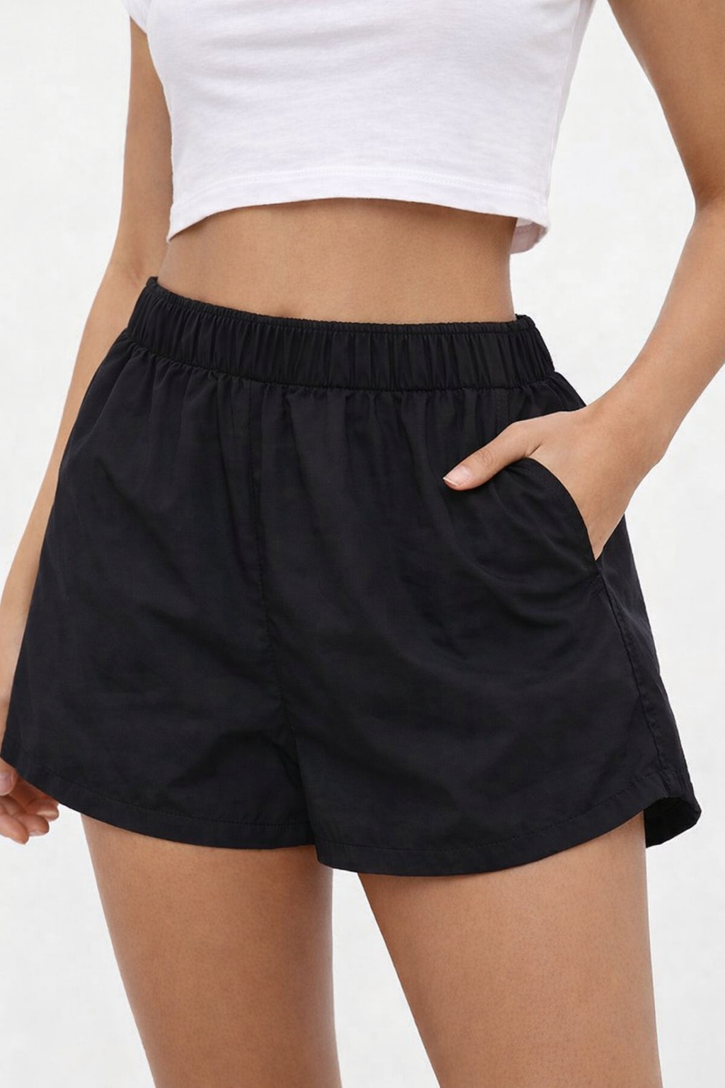 Black Cotton Blend Shorts | Elastic Waist Casual Summer Shorts with Pockets