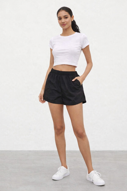 Black Cotton Blend Shorts | Elastic Waist Casual Summer Shorts with Pockets