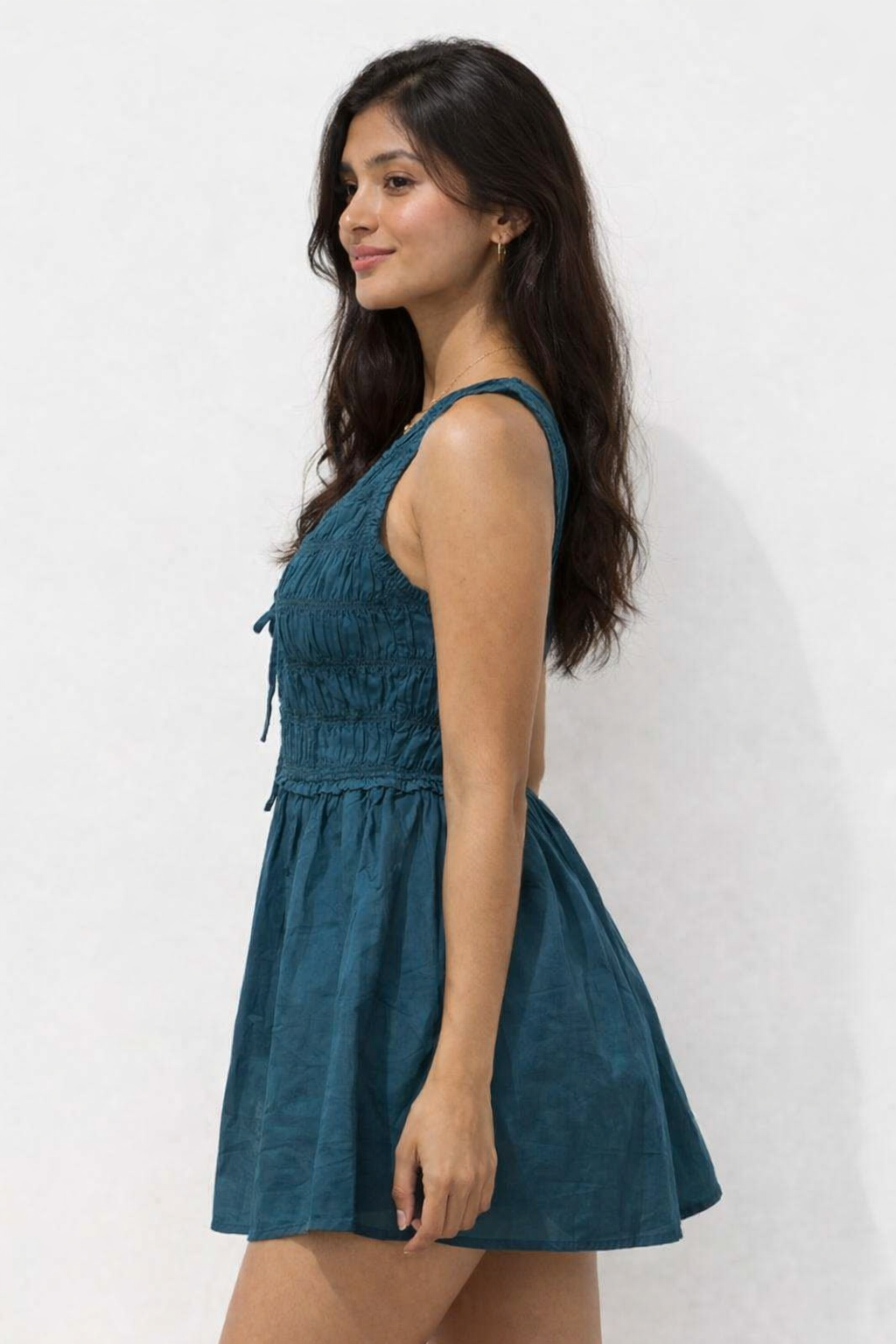Dark Blue Cotton Smocked A-Line Dress | Sleeveless V-Neck Mini Dress with Pockets