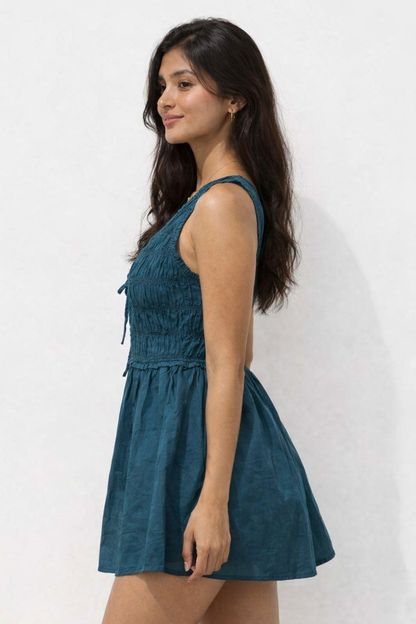 Dark Blue Cotton Smocked A-Line Dress | Sleeveless V-Neck Mini Dress with Pockets