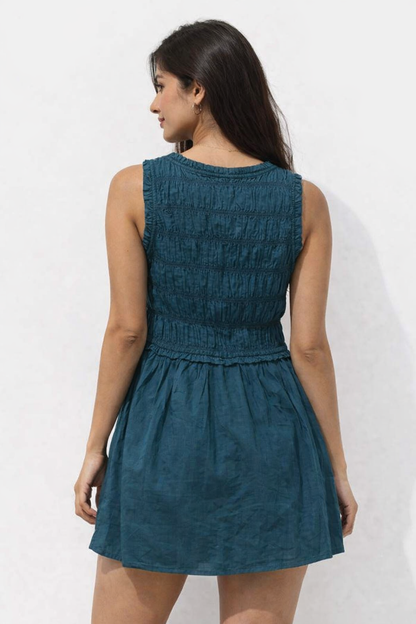 Dark Blue Cotton Smocked A-Line Dress | Sleeveless V-Neck Mini Dress with Pockets
