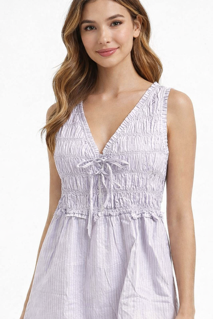 Purple Cotton Smocked A-Line Dress | Sleeveless V-Neck Mini Dress with Pockets