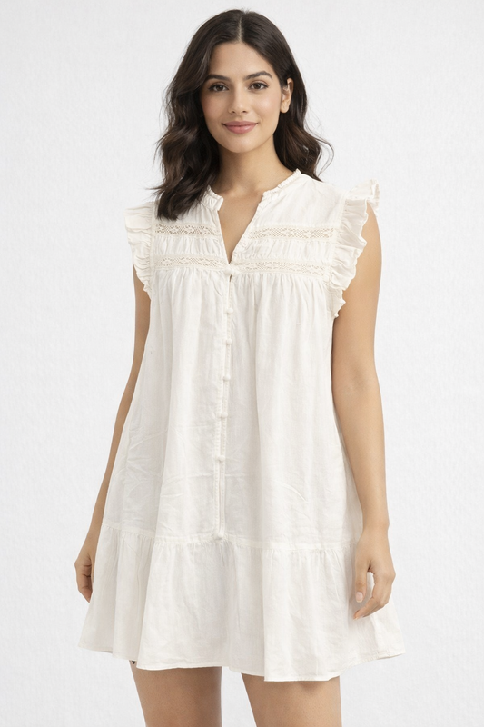 White Cotton Blend A-Line Dress | Sleeveless Ruffle Detail Casual Mini Dress