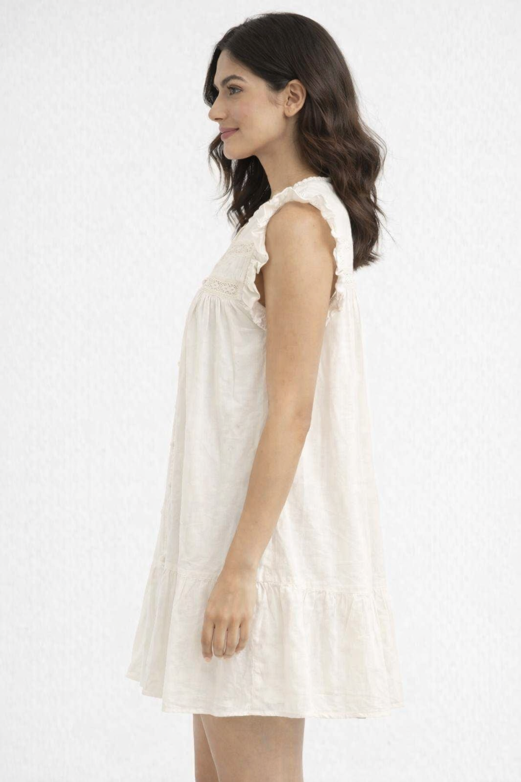 White Cotton Blend A-Line Dress | Sleeveless Ruffle Detail Casual Mini Dress