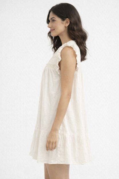 White Cotton Blend A-Line Dress | Sleeveless Ruffle Detail Casual Mini Dress