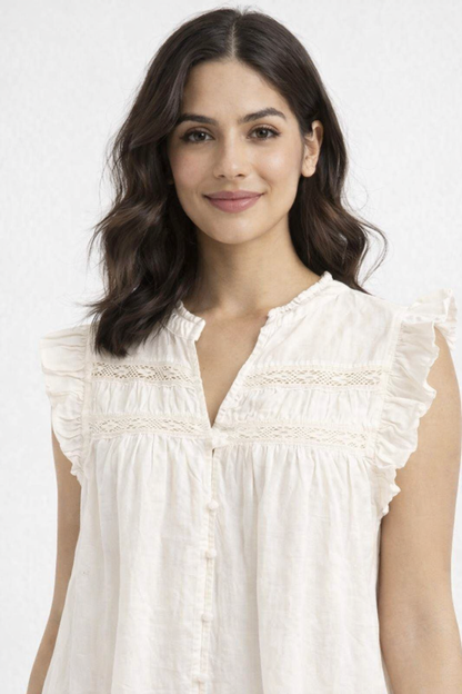 White Cotton Blend A-Line Dress | Sleeveless Ruffle Detail Casual Mini Dress