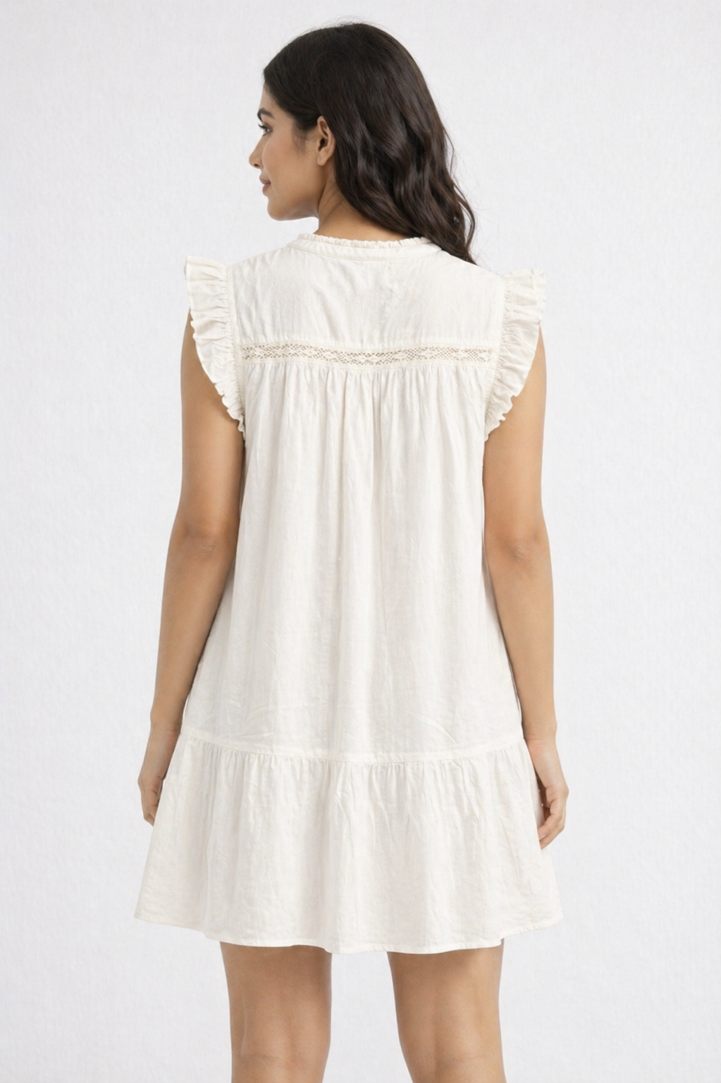 White Cotton Blend A-Line Dress | Sleeveless Ruffle Detail Casual Mini Dress