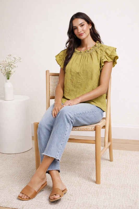 Olive Green Cotton Top | Ruffle Sleeve Loose Fit Casual Blouse