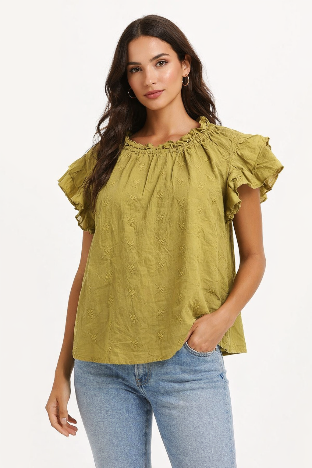 Olive Green Cotton Top | Ruffle Sleeve Loose Fit Casual Blouse