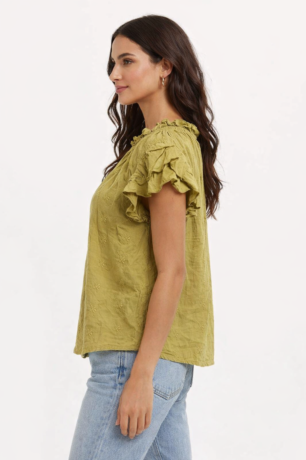 Olive Green Cotton Top | Ruffle Sleeve Loose Fit Casual Blouse