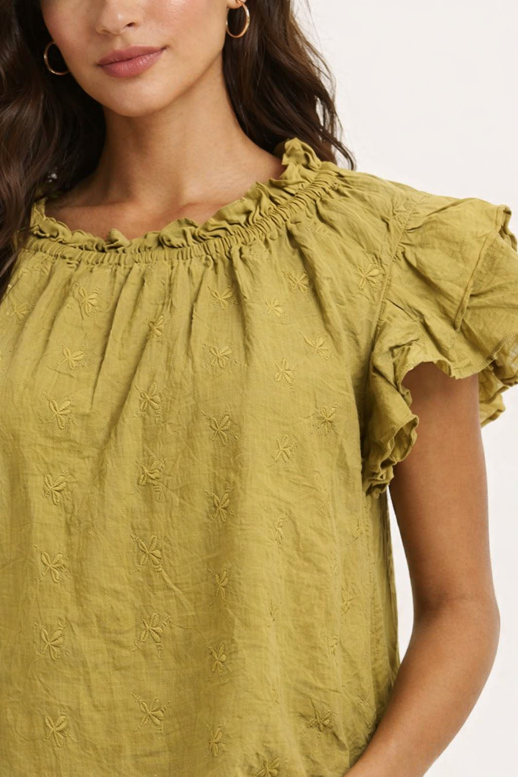 Olive Green Cotton Top | Ruffle Sleeve Loose Fit Casual Blouse