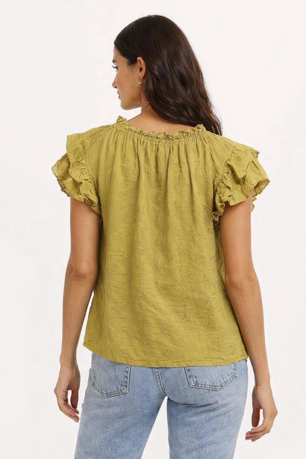 Olive Green Cotton Top | Ruffle Sleeve Loose Fit Casual Blouse