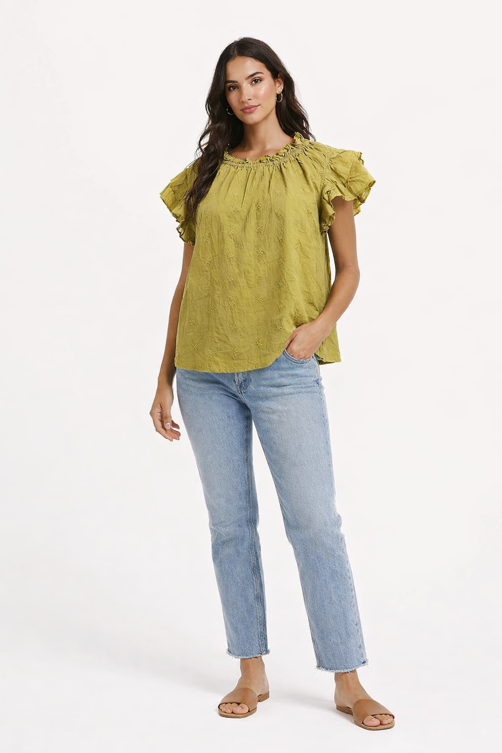 Olive Green Cotton Top | Ruffle Sleeve Loose Fit Casual Blouse