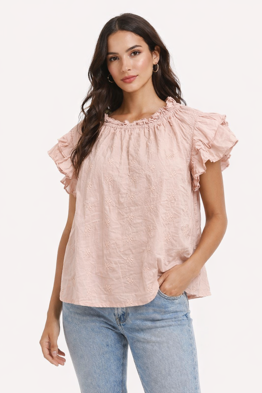Light Rose Pink Cotton Top | Ruffle Sleeve Loose Fit Casual Blouse