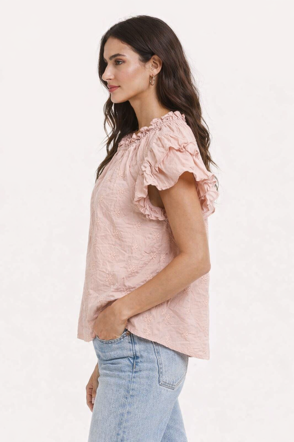 Light Rose Pink Cotton Top | Ruffle Sleeve Loose Fit Casual Blouse