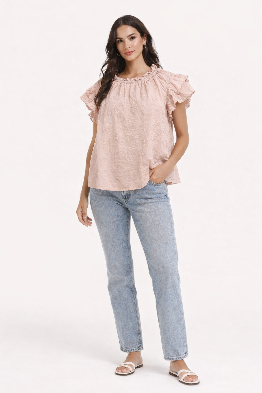 Light Rose Pink Cotton Top | Ruffle Sleeve Loose Fit Casual Blouse