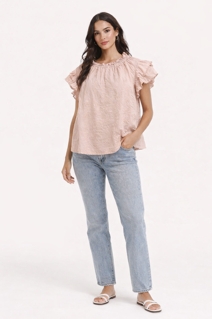 Light Rose Pink Cotton Top | Ruffle Sleeve Loose Fit Casual Blouse