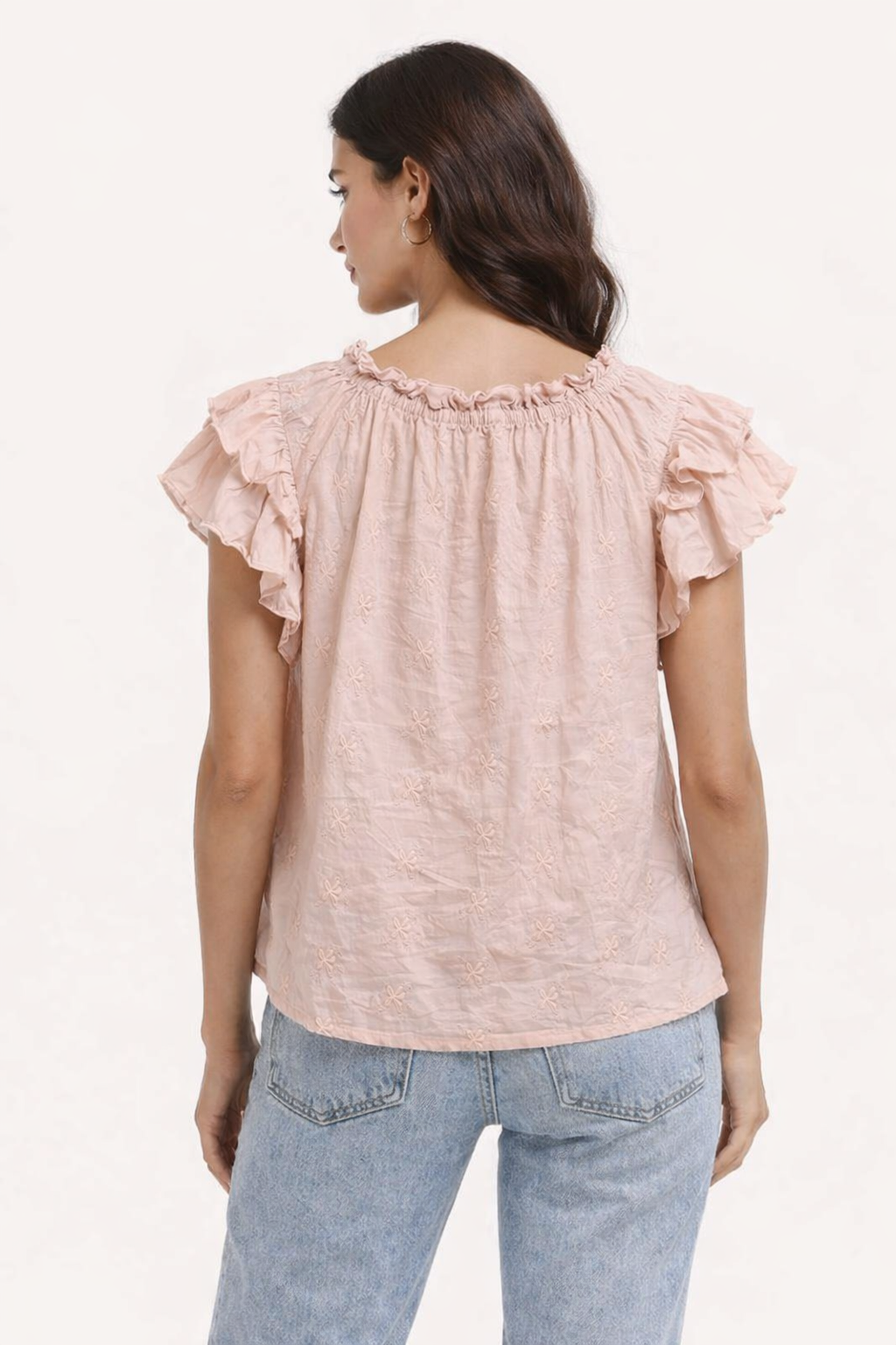 Light Rose Pink Cotton Top | Ruffle Sleeve Loose Fit Casual Blouse