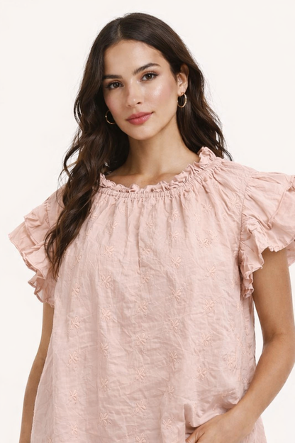 Light Rose Pink Cotton Top | Ruffle Sleeve Loose Fit Casual Blouse