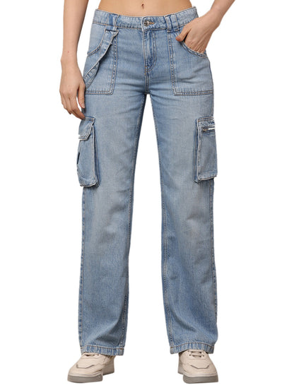 Cotton Full Length Button Closure Blue Jeans