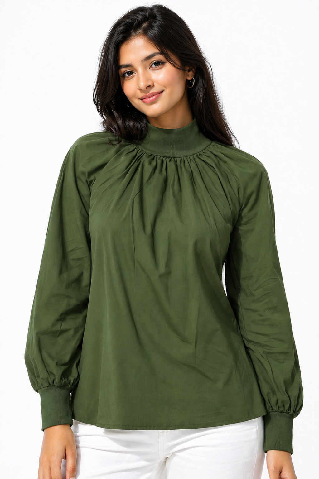 Olive Green High Neck Gathered Top
