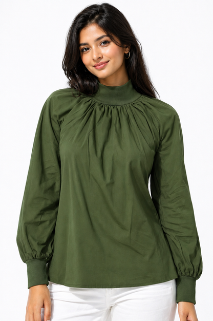 Olive Green High Neck Gathered Top