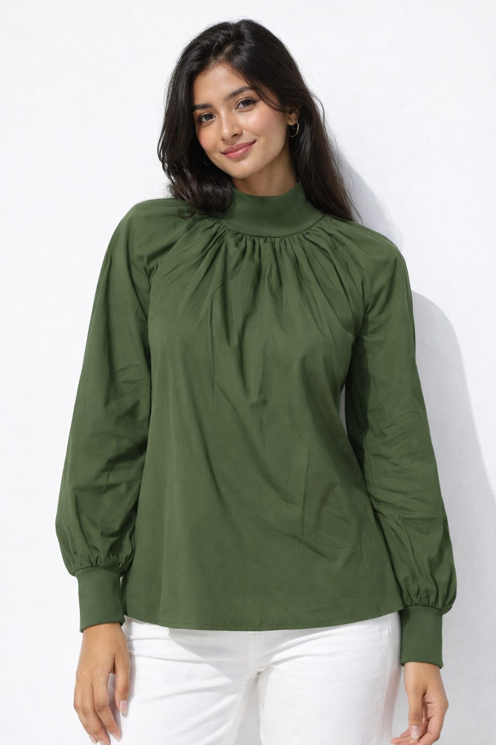 Olive Green High Neck Gathered Top