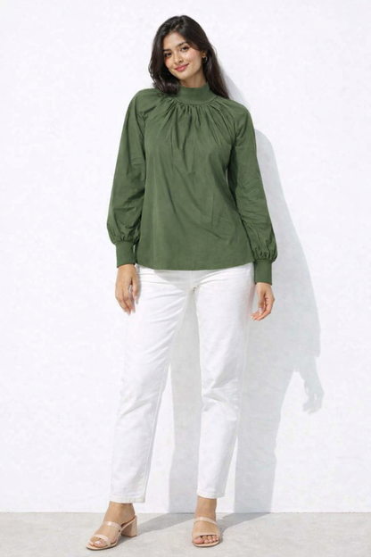 Olive Green High Neck Gathered Top