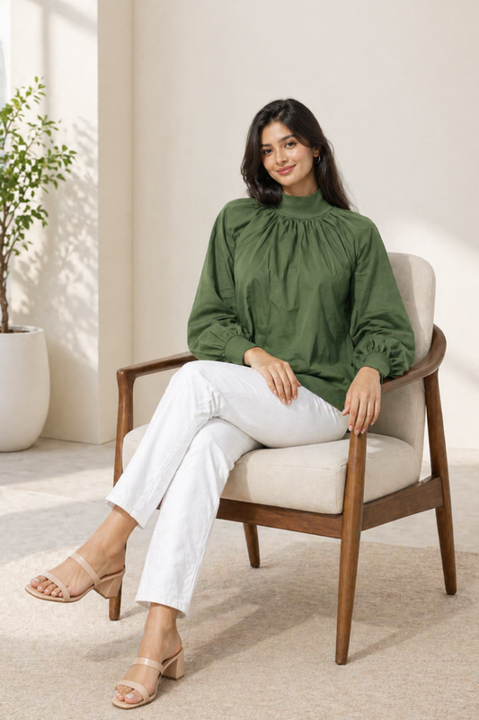 Olive Green High Neck Gathered Top