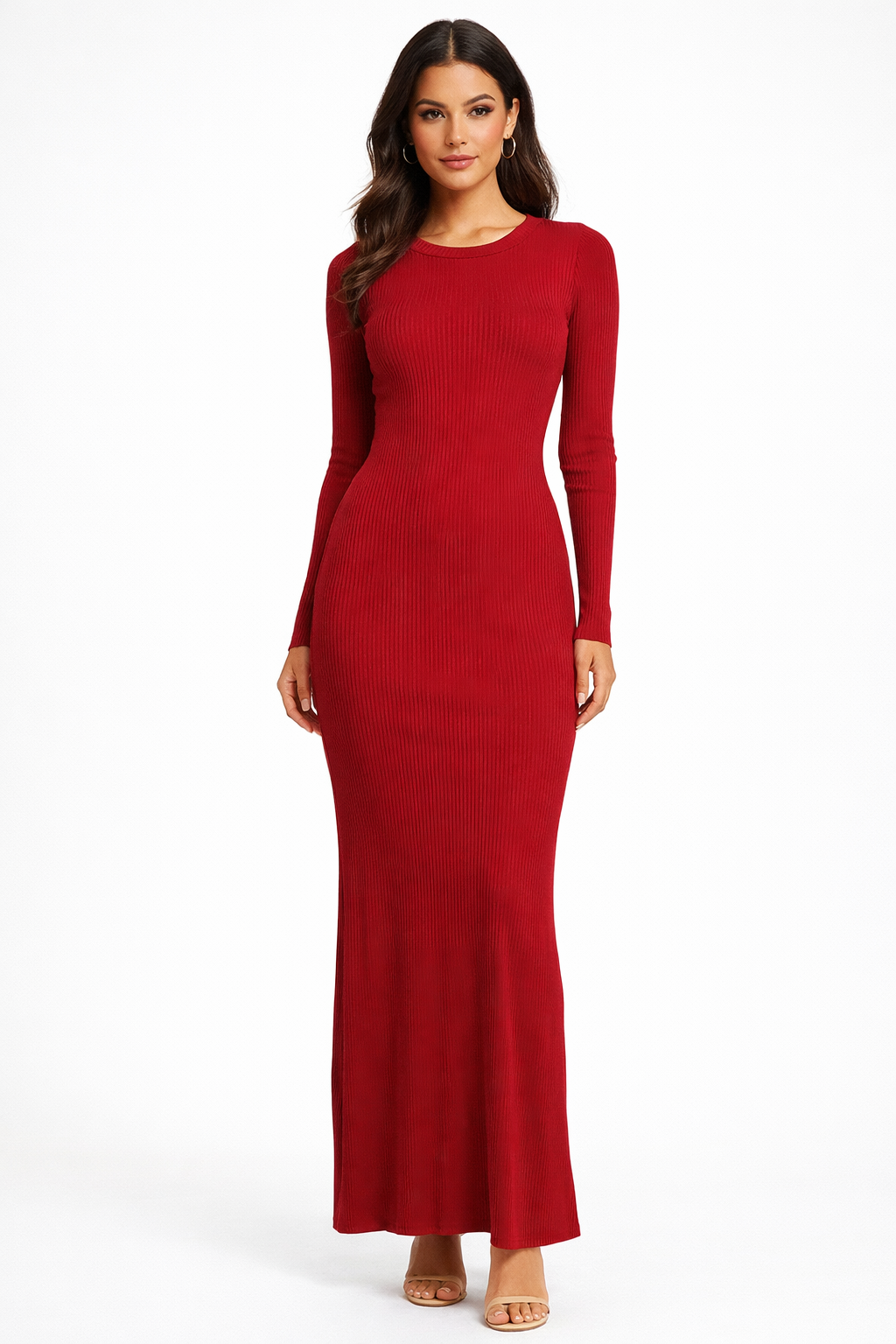 Maroon Ribbed Bodycon Maxi Dress | Full Sleeve Round Neck Stretchable Knitted Viscose Dress