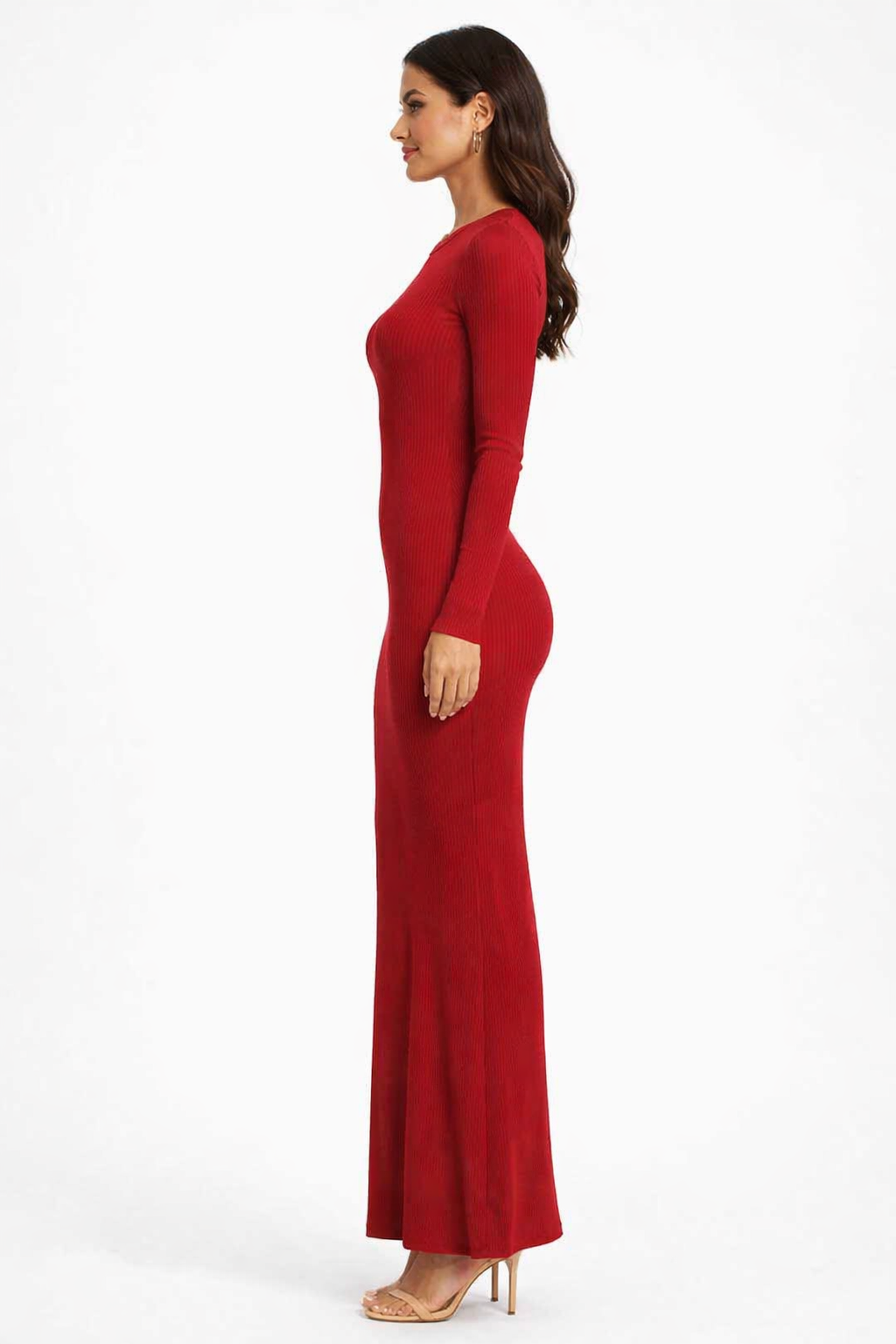 Maroon Ribbed Bodycon Maxi Dress | Full Sleeve Round Neck Stretchable Knitted Viscose Dress