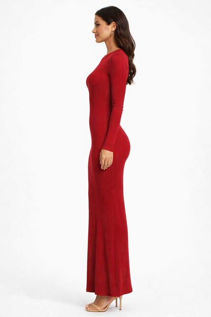 Maroon Ribbed Bodycon Maxi Dress | Full Sleeve Round Neck Stretchable Knitted Viscose Dress