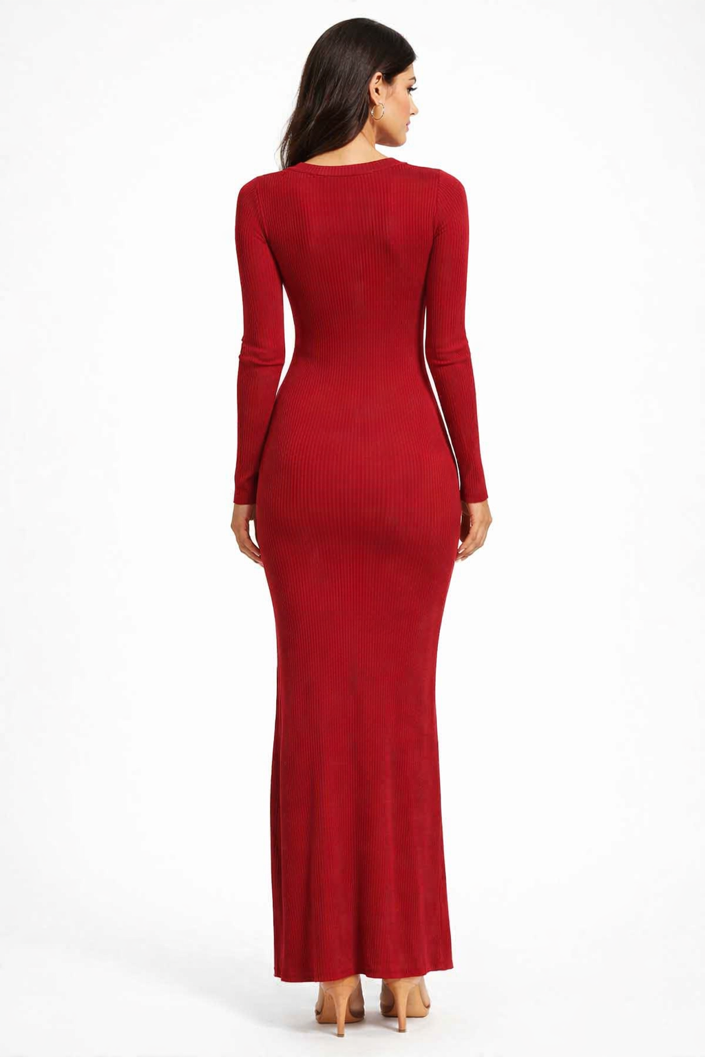 Maroon Ribbed Bodycon Maxi Dress | Full Sleeve Round Neck Stretchable Knitted Viscose Dress