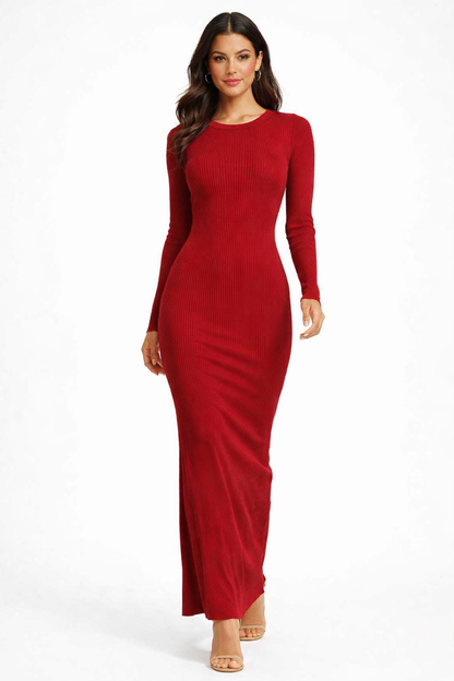 Maroon Ribbed Bodycon Maxi Dress | Full Sleeve Round Neck Stretchable Knitted Viscose Dress
