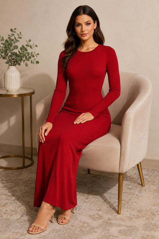 Maroon Ribbed Bodycon Maxi Dress | Full Sleeve Round Neck Stretchable Knitted Viscose Dress