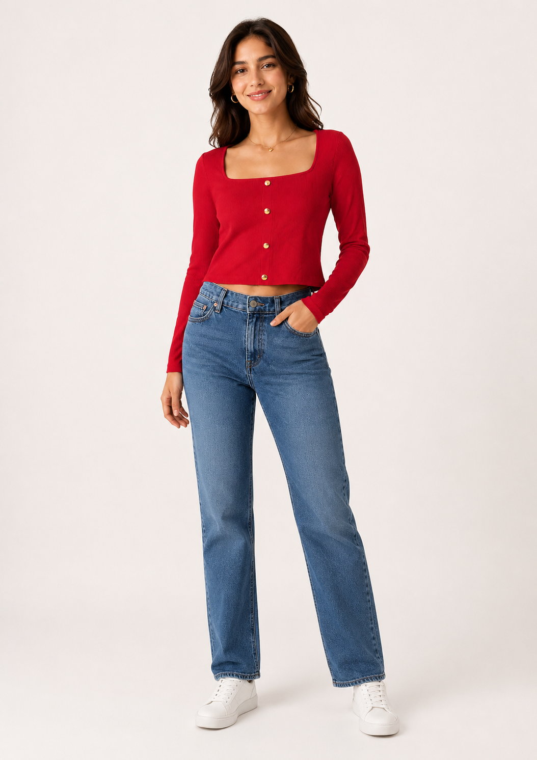 NoBarr Women Red Ribbed Crop Top | Square Neck Full Sleeve Button Front Stretchable Knitted Viscose Top